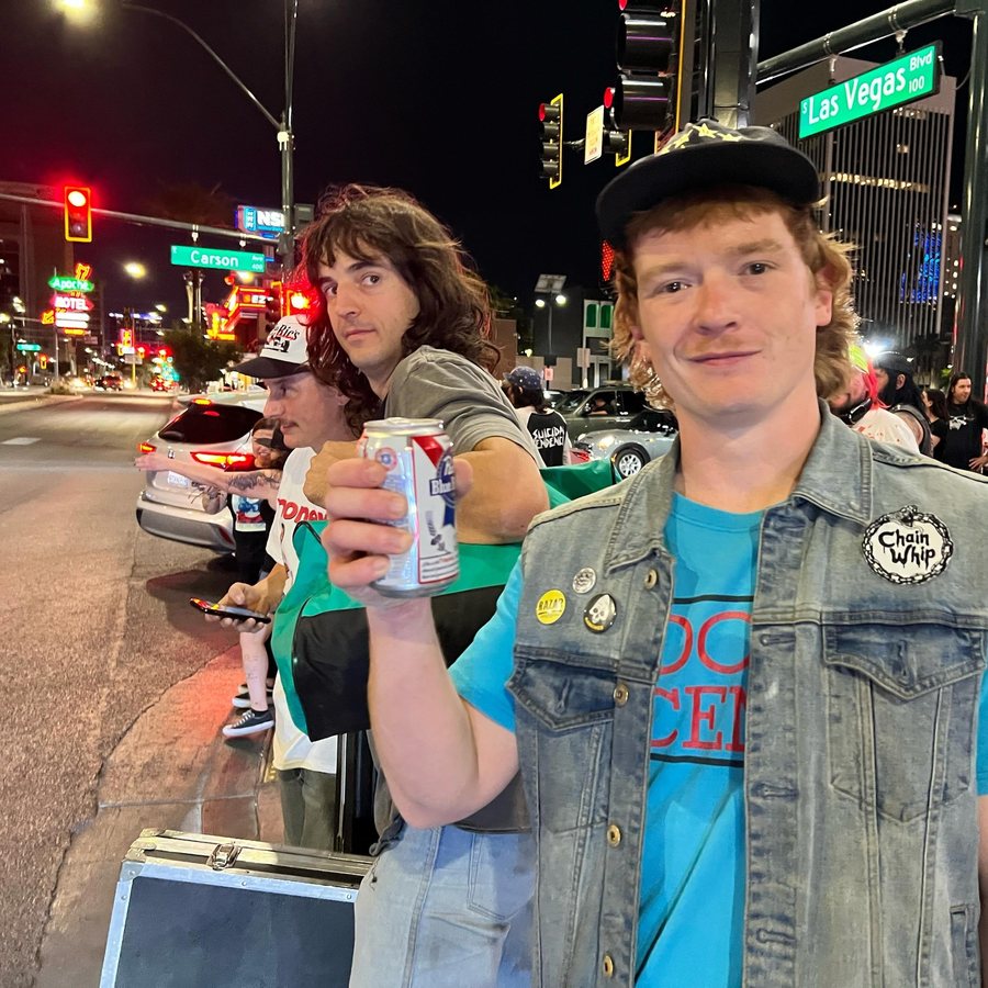 Eamon of The Chats and Billy Jeans of Mean Jeans on a Las Vegas street at night