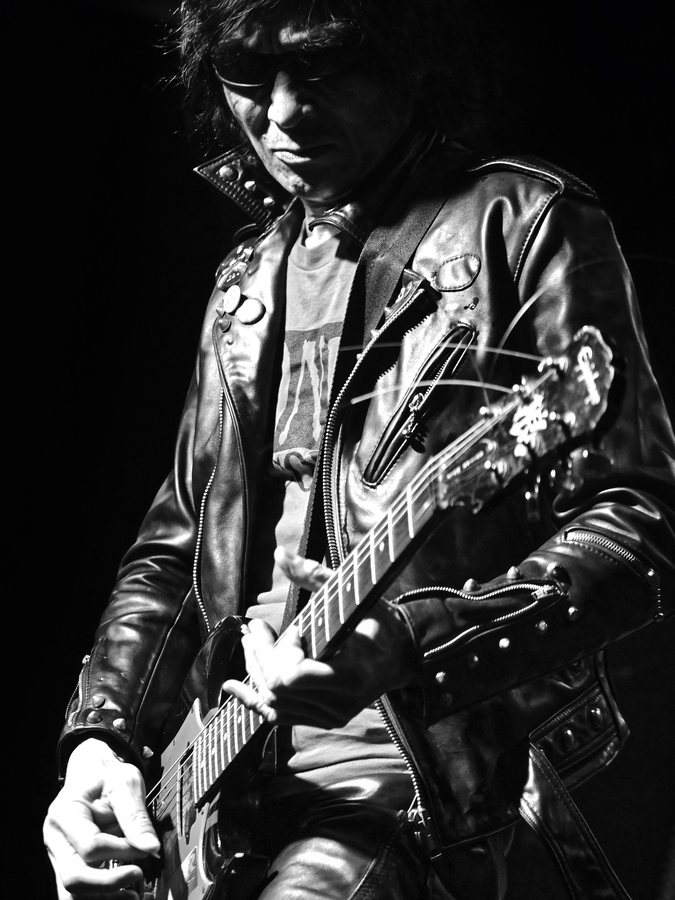 Seiji of Guitar Wolf on guitar at 529, Atlanta, black and white